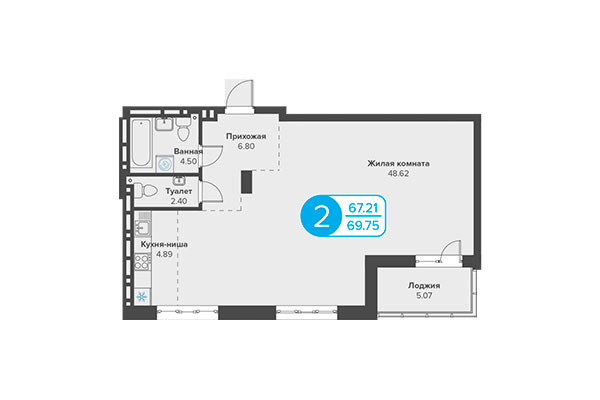 2-комнатная квартира 69,75 м² в ЖК Огни Сибири. Планировка