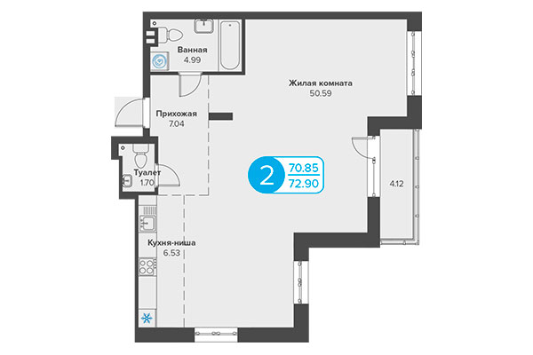 2-комнатная квартира 72,90 м² в ЖК Огни Сибири. Планировка