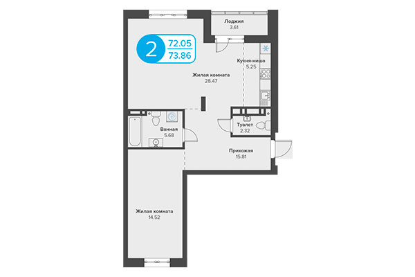 2-комнатная квартира 73,86 м² в ЖК Огни Сибири. Планировка