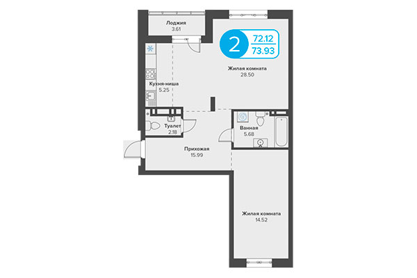 2-комнатная квартира 73,93 м² в ЖК Огни Сибири. Планировка