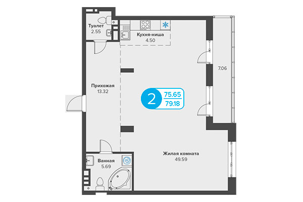 2-комнатная квартира 79,18 м² в ЖК Огни Сибири. Планировка