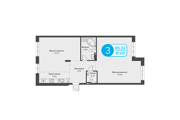 3-комнатная квартира 91,00 м² в ЖК Огни Сибири. Планировка