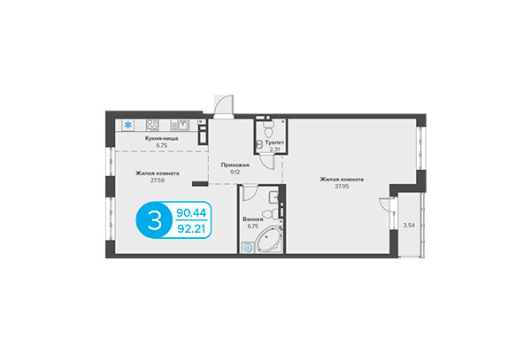 3-комнатная квартира 92,21 м² в ЖК Огни Сибири. Планировка