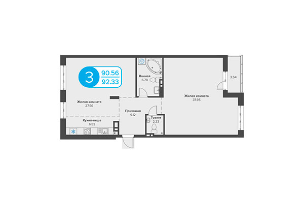 3-комнатная квартира 92,33 м² в ЖК Огни Сибири. Планировка