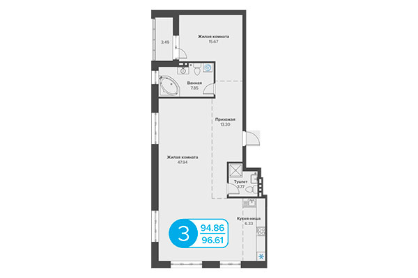 3-комнатная квартира 96,61 м² в ЖК Огни Сибири. Планировка