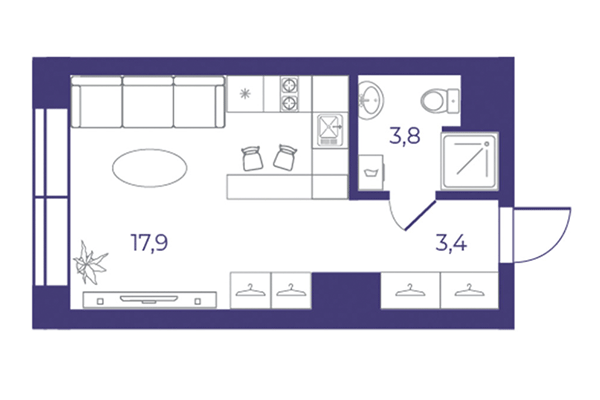 Студия 25,02 м² в ЖК Эфир. Планировка