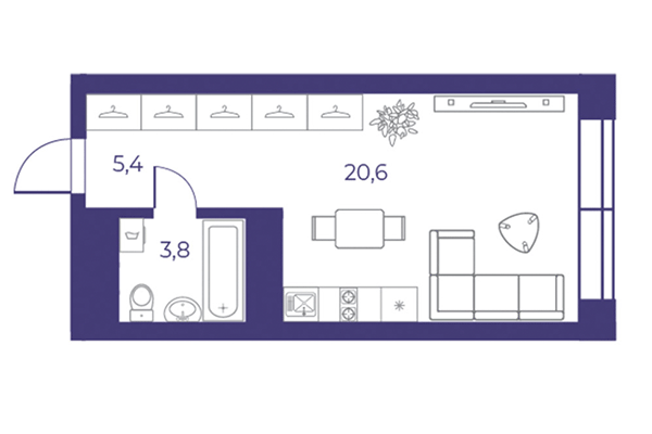 Студия 29,84 м² в ЖК Эфир. Планировка