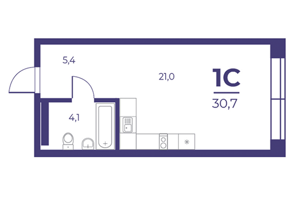 Студия 30,71 м² в ЖК Эфир. Планировка