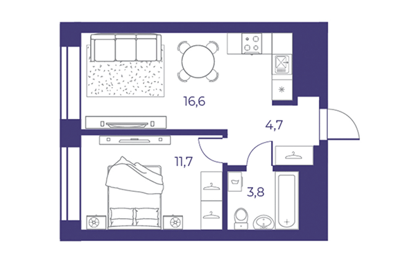 2-комнатная квартира 36,85 м² в ЖК Эфир. Планировка