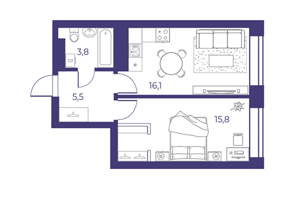 2-комнатная квартира 41,47 м² в ЖК Эфир. Планировка