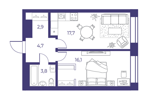 2-комнатная квартира 45,33 м² в ЖК Эфир. Планировка