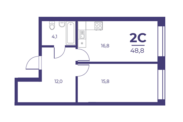 2-комнатная квартира 48,99 м² в ЖК Эфир. Планировка