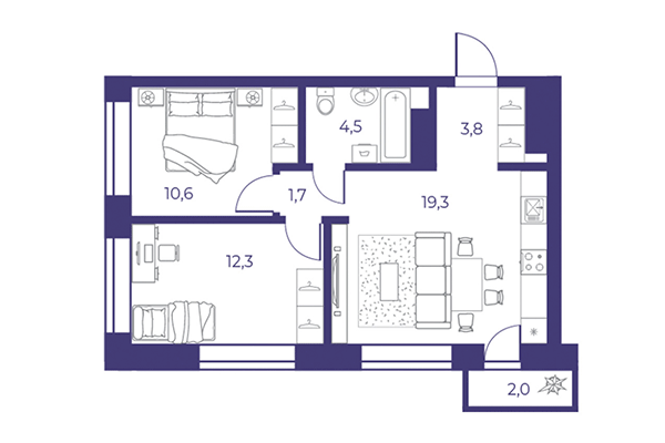 3-комнатная квартира 52,88 м² в ЖК Эфир. Планировка