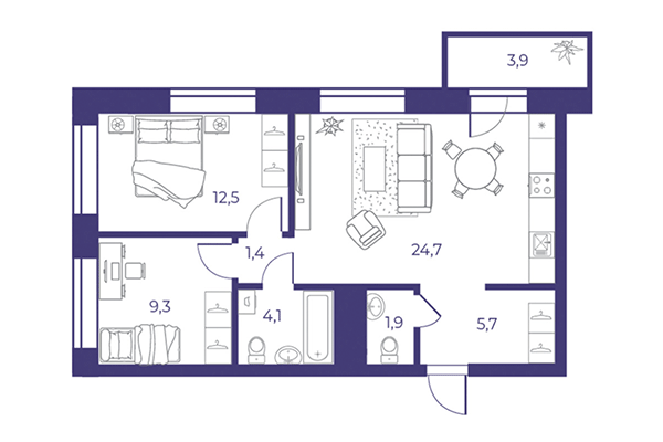 3-комнатная квартира 60,88 м² в ЖК Эфир. Планировка