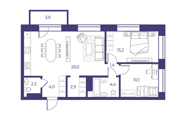 3-комнатная квартира 68,40 м² в ЖК Эфир. Планировка