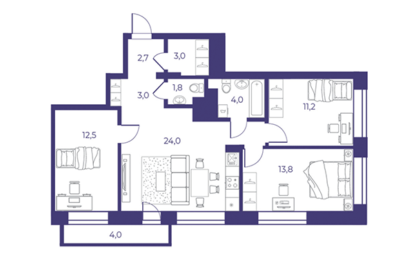 4-комнатная квартира 77,32 м² в ЖК Эфир. Планировка