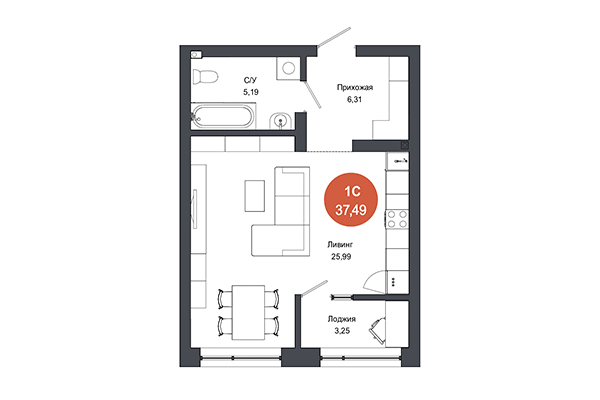 Студия 37,49 м² в ЖК Тихомиров. Планировка