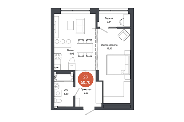 2-комнатная квартира 50,70 м² в ЖК Тихомиров. Планировка