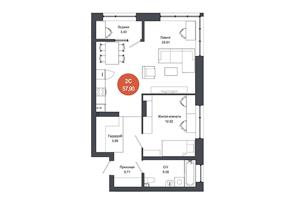 2-комнатная квартира 57,90 м² в ЖК Тихомиров. Планировка