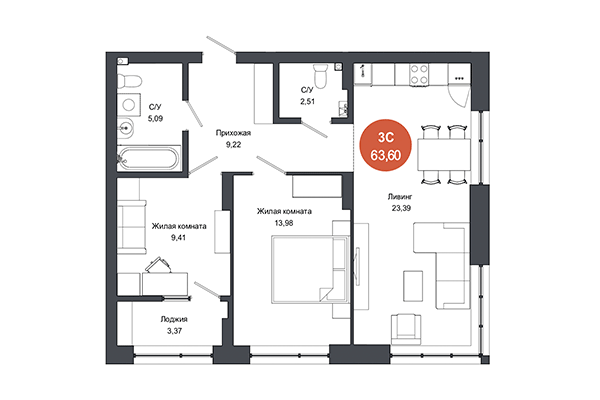 3-комнатная квартира 63,60 м² в ЖК Тихомиров. Планировка