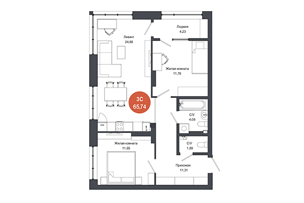 3-комнатная квартира 65,74 м² в ЖК Тихомиров. Планировка