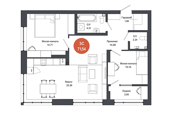 3-комнатная квартира 71,54 м² в ЖК Тихомиров. Планировка