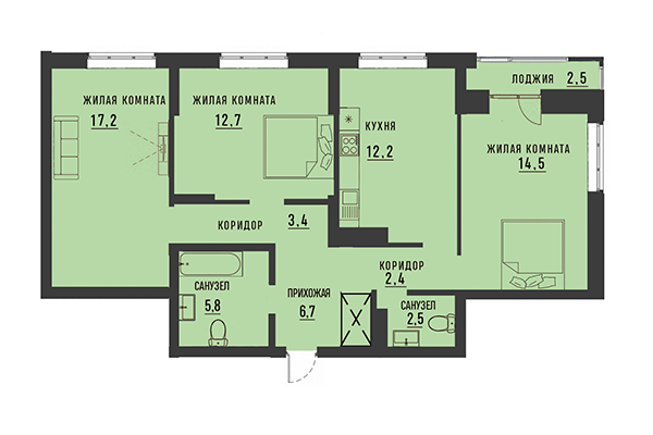 3-комнатная квартира 79,19 м² в ЖК Академия. Планировка