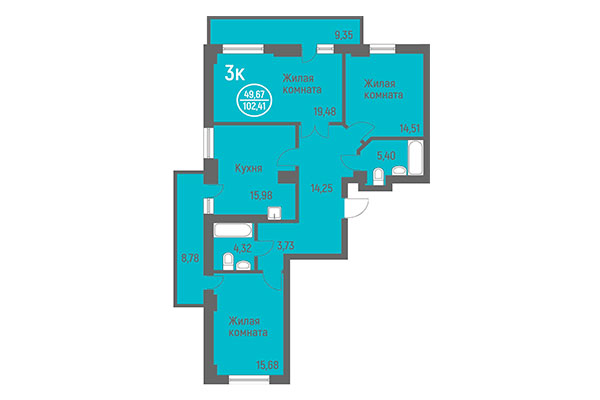 3-комнатная квартира 102,41 м² в ЖК Дианит. Планировка