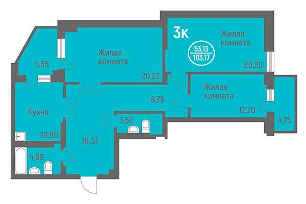 3-комнатная квартира 103,17 м² в ЖК Дианит. Планировка