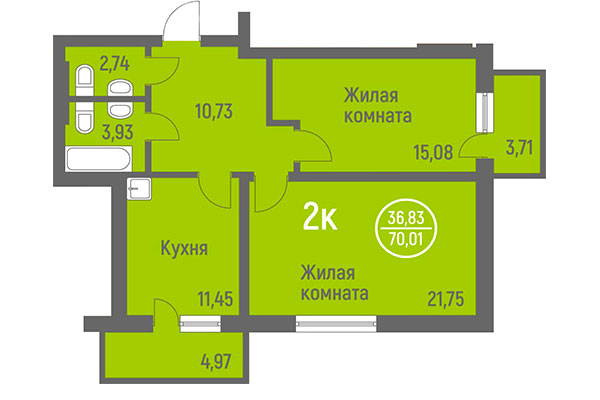 2-комнатная квартира 70,01 м² в ЖК Дианит. Планировка