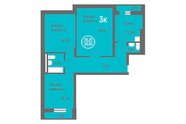 3-комнатная квартира 93,64 м² в ЖК Дианит. Планировка
