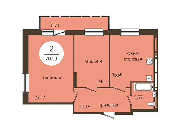 2-комнатная квартира 70,00 м² в ЖК Оникс. Планировка