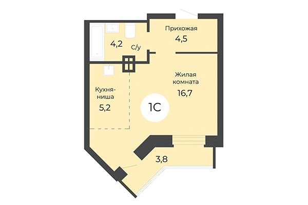 Студия 32,70 м² в ЖК Топаз. Планировка