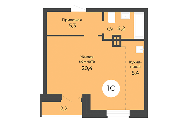 Студия 36,60 м² в ЖК Топаз. Планировка