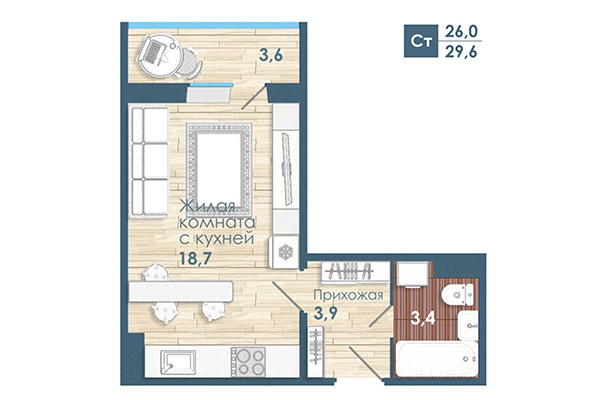 Студия 29,60 м² в Микрорайон Чистая слобода. Планировка