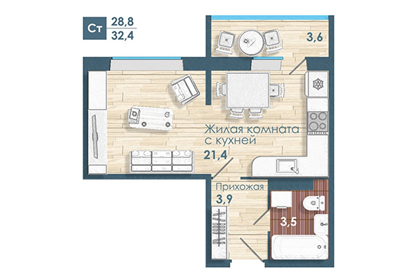 Студия 32,40 м² в Микрорайон Чистая слобода. Планировка