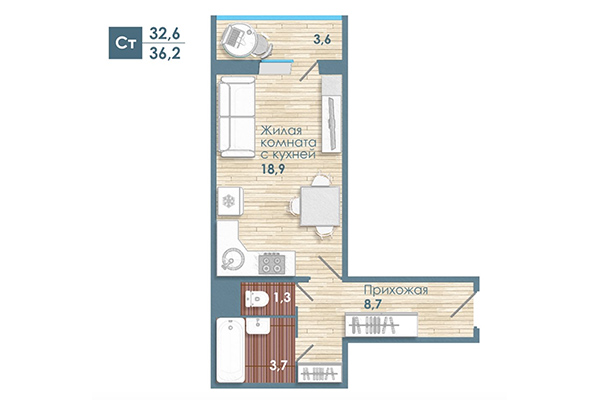 Студия 36,20 м² в Микрорайон Чистая слобода. Планировка