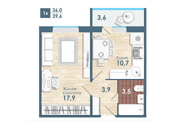 1-комнатная квартира 39,60 м² в Микрорайон Чистая слобода. Планировка