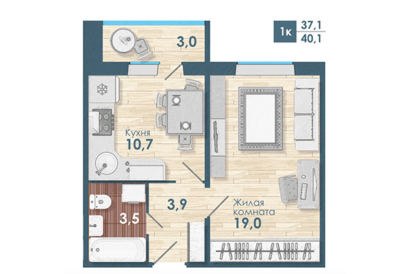 1-комнатная квартира 40,01 м² в Микрорайон Чистая слобода. Планировка