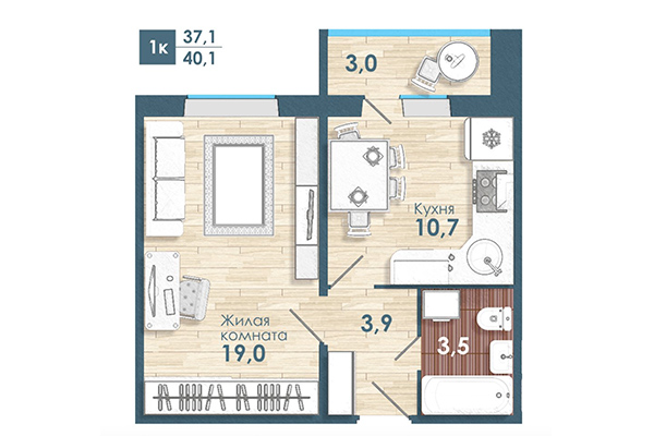 1-комнатная квартира 40,10 м² в Микрорайон Чистая слобода. Планировка