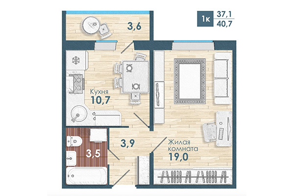 1-комнатная квартира 40,70 м² в Микрорайон Чистая слобода. Планировка