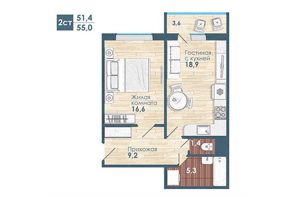 2-комнатная квартира 55,00 м² в Микрорайон Чистая слобода. Планировка