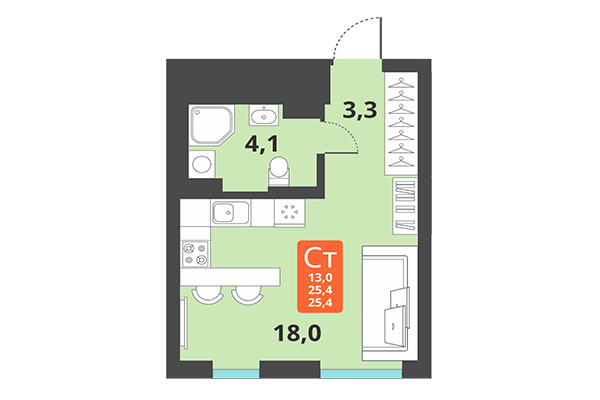 Студия 25,40 м² в ЖК Тайгинский парк. Планировка