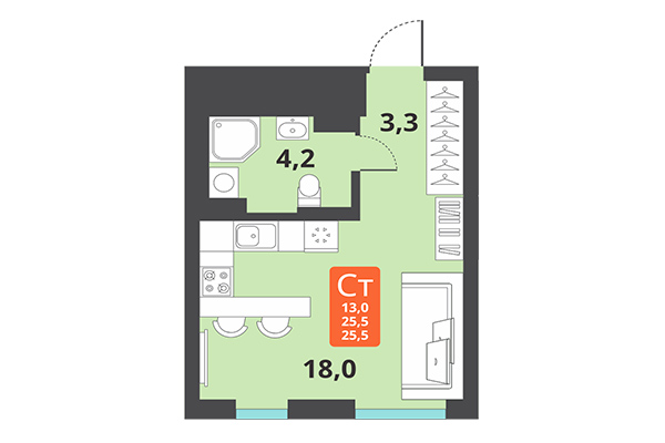 Студия 25,50 м² в ЖК Тайгинский парк. Планировка