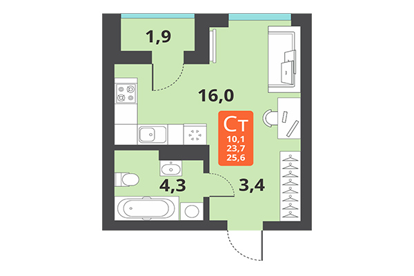 Студия 25,60 м² в ЖК Тайгинский парк. Планировка