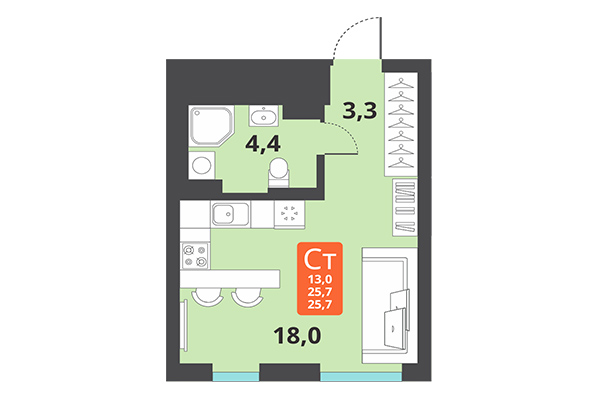 Студия 25,70 м² в ЖК Тайгинский парк. Планировка