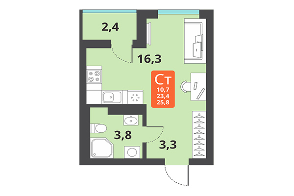 Студия 25,80 м² в ЖК Тайгинский парк. Планировка