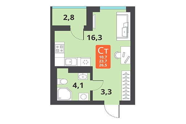 Студия 26,50 м² в ЖК Тайгинский парк. Планировка