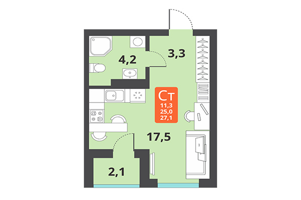 Студия 27,10 м² в ЖК Тайгинский парк. Планировка