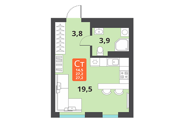 Студия 27,20 м² в ЖК Тайгинский парк. Планировка